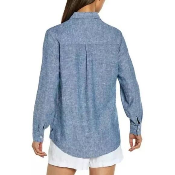 GAP Linen Blend Blue Chambray Relaxed Fit Button Down Shirt Size Medium - Picture 5 of 12